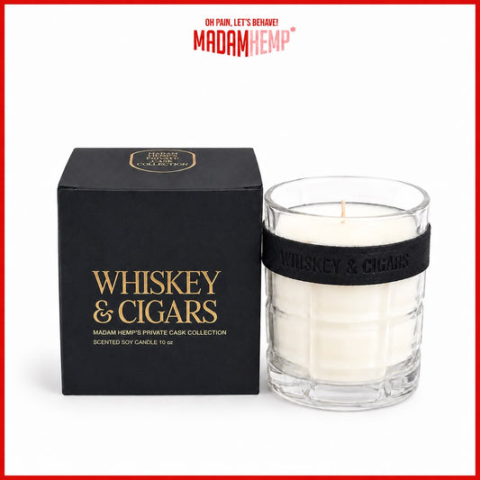 Whiskey & Cigar Hemp Candle 10oz detail – Madam Hemp India