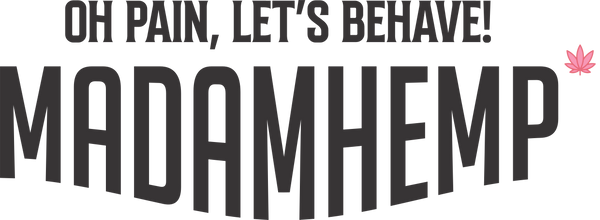 Logo with text 'OH PAIN, LET'S BEHAVE! MADAMHEMP' and a pink leaf symbol on a white background