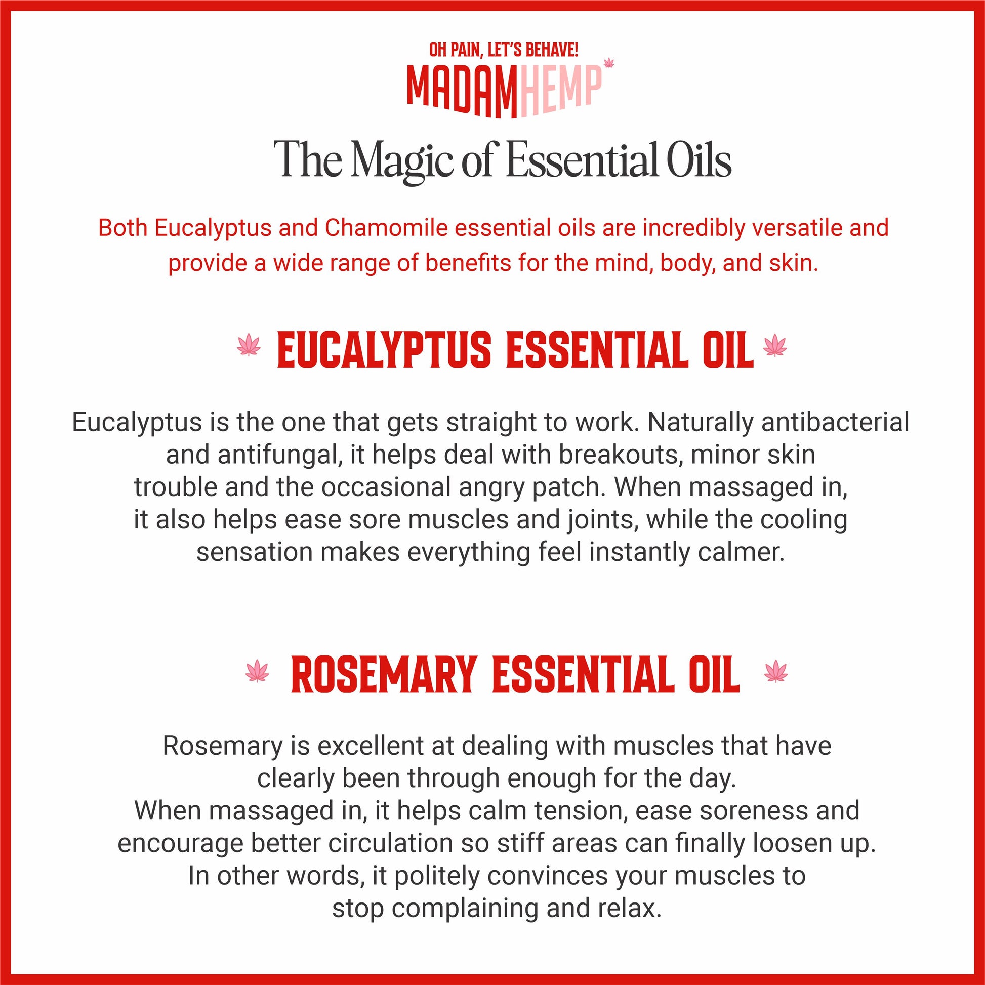 Eucalyptus and rosemary essential oils – Madam Hemp massage oil