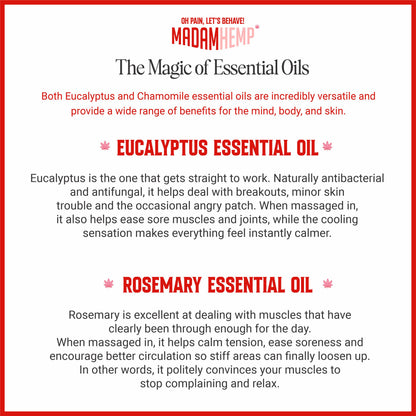 Eucalyptus and rosemary essential oils – Madam Hemp massage oil