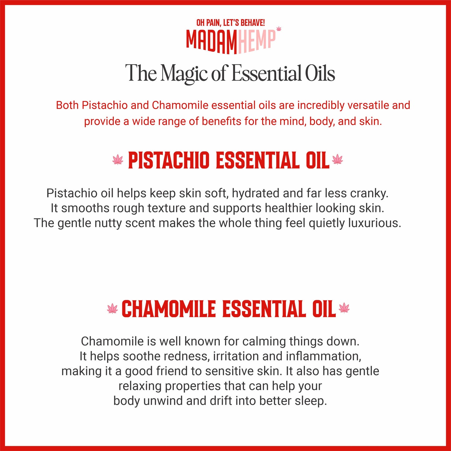 Pistachio and chamomile essential oils – Madam Hemp massage oil and sleep cream