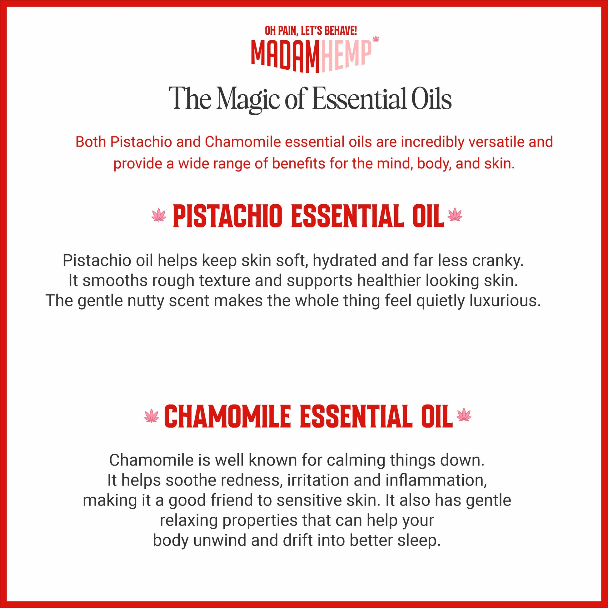 Pistachio and chamomile essential oils – Madam Hemp massage oil and sleep cream