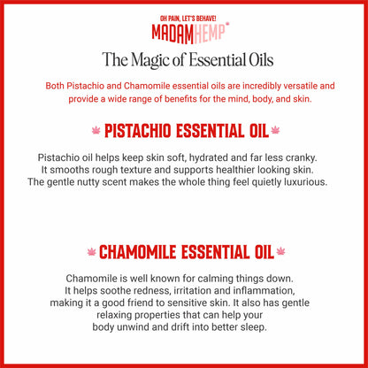 Pistachio and chamomile essential oils – Madam Hemp massage oil and sleep cream